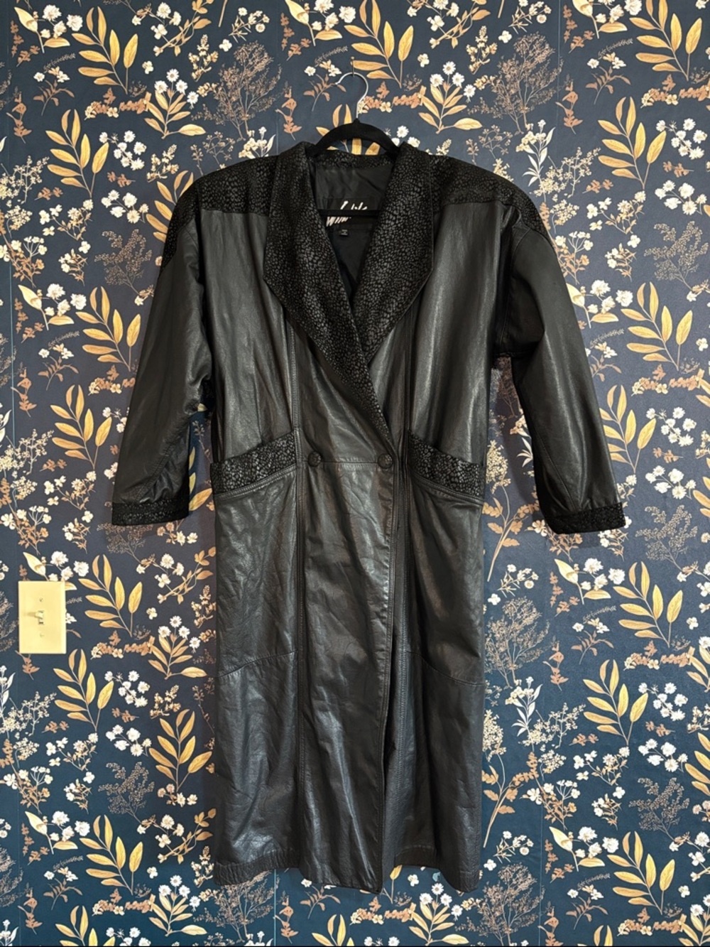 Vintage Winlit Leopard Print Black Leather Long Trench Coat 80's Vampire Size M